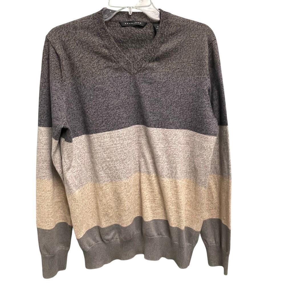 Sean John V-Neck Stripe Knit Sweater Mens Size Large Casual Preppy Colorblock